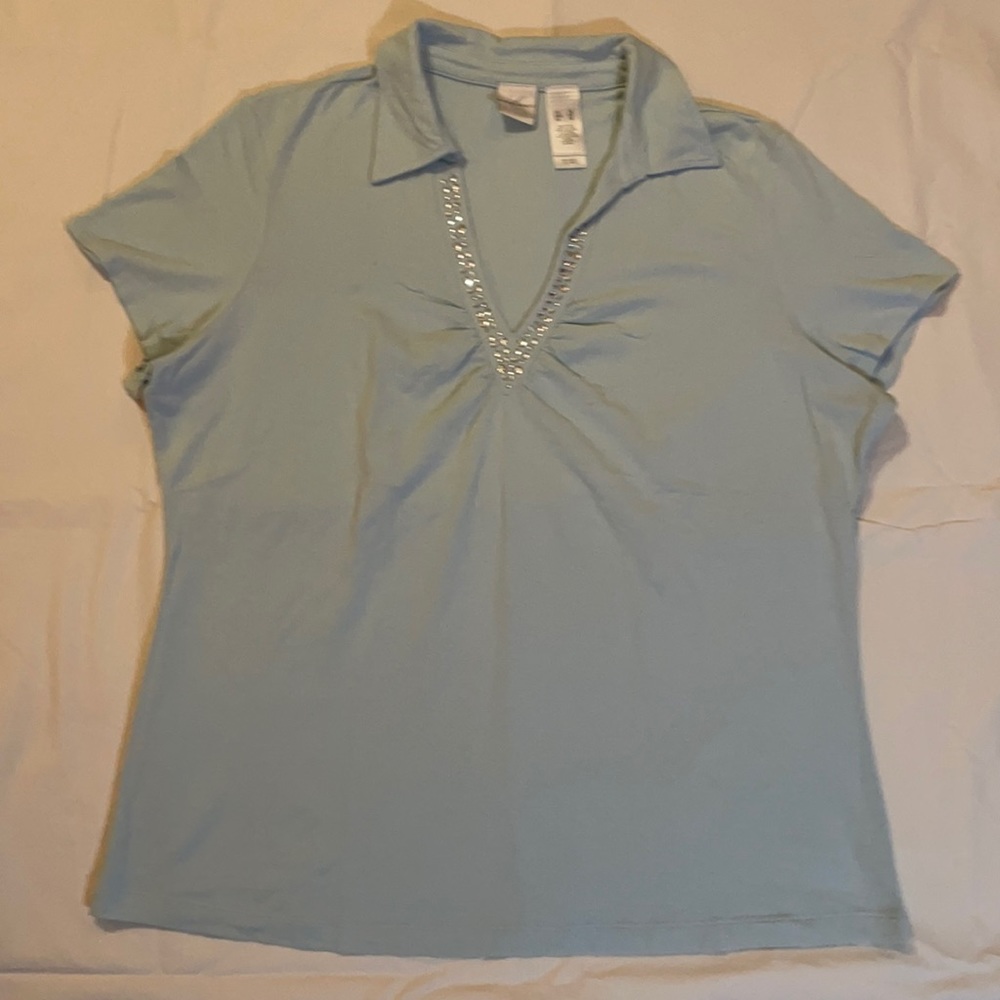 Emma James Light Aqua Ladies V-neck Collared Top